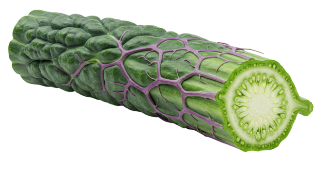 Sliced bitter melon reveals its unique interior structure and texture details