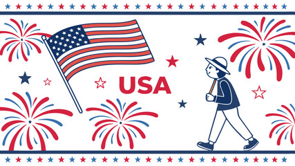 Happy person with american flag and fireworks celebrating usa independence day