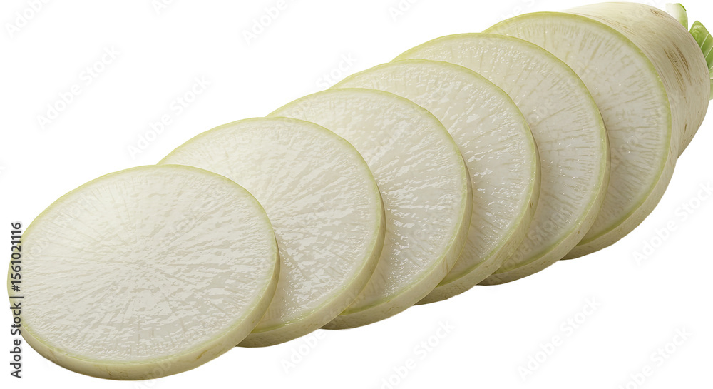 Poster Sliced daikon radish arranged in a row displaying fresh white texture