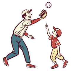 Father and son playing baseball playing catch retro