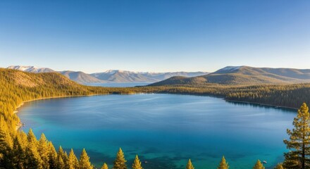 Obraz premium Majestic Mountain Lake Surrounded by Lush Green Forests Under a Clear Blue Sky