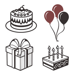 Festive celebration icons cake gift balloons candles