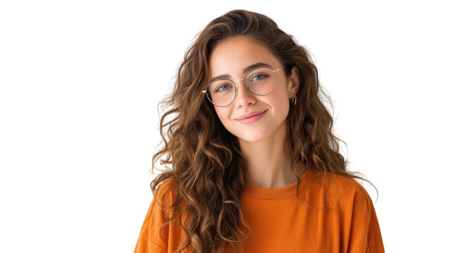 A young woman with curly hair and glasses smiling warmly at the camera. wearing an orange sweater. standing against a plain white wall. conveying a sense of confidence and approachability