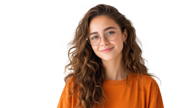 A young woman with curly hair and glasses smiling warmly at the camera. wearing an orange sweater. standing against a plain white wall. conveying a sense of confidence and approachability