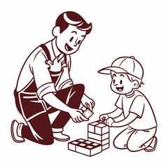 Father and son building with blocks playing