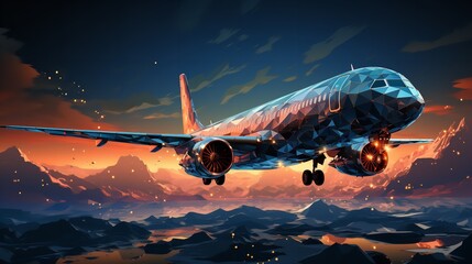 Low-Poly Airplane Flying in Space – Vector Illustration.

