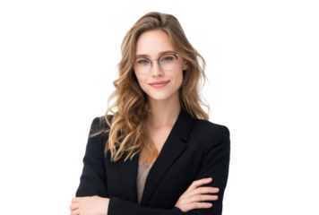 A confident young woman with wavy hair and glasses. wearing a black blazer. poses with her arms crossed against a clean white background. conveying professionalism and approachability for corporate us