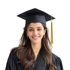 A joyful graduate wearing a black cap and gown. smiling confidently against a plain background. celebrating academic achievement with a sense of pride and accomplishment