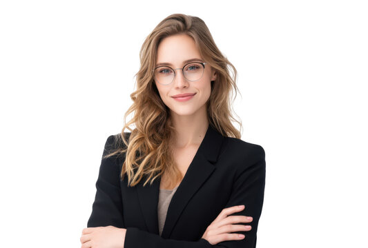 A confident young woman with wavy hair and glasses. wearing a black blazer. poses with her arms crossed against a clean white background. conveying professionalism and approachability for corporate us - Powered by Adobe