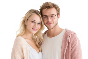 A young couple smiling together. dressed casually in cozy sweaters. with a bright. neutral background that emphasizes their joyful expression. suitable for relationship or lifestyle themes