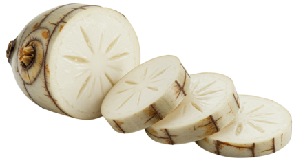 Sliced Palmyra fruit arranged in a row featuring concentric circles pattern