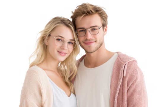 A young couple smiling together. dressed casually in cozy sweaters. with a bright. neutral background that emphasizes their joyful expression. suitable for relationship or lifestyle themes