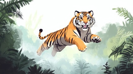 A beautiful tiger is leaping through a verdant jungle scene