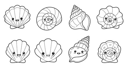 set of seashell coloring page for kids vector isolated on white background, drawing book.