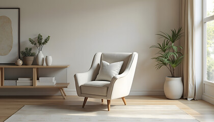 Cozy armchair in a minimalist living room with natural light. Represents home decor, relaxation, or inviting interiors. Serene and comfortable.


