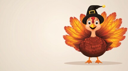 A Festive Cartoon Turkey Wearing a Pilgrim Hat Looks Happy