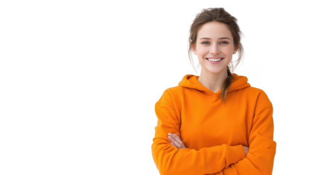 A young woman with a bright smile stands confidently with her arms crossed in a casual orange hoodie. set against a minimalist white background. perfect for lifestyle and fashion themes