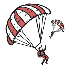 Parachutists descending with red and white parachutes
