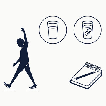 Silhouette person stretching glass of water pill capsule notebook pencil
