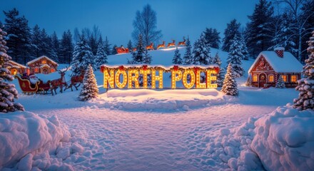 Enchanting Illuminated North Pole Village Scene with Santa's Sleigh and Reindeer in a Winter Wonderland