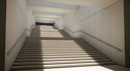 Fototapeta premium Ascending interior staircase with sunlight casting long shadows concrete walls and handrails leading toward an unknown destination light and shadow perspective.
