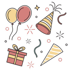 Festive balloons gift boxes party hats confetti celebration