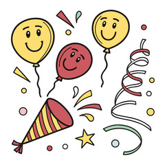 Cheerful balloons party popper confetti streamers celebration