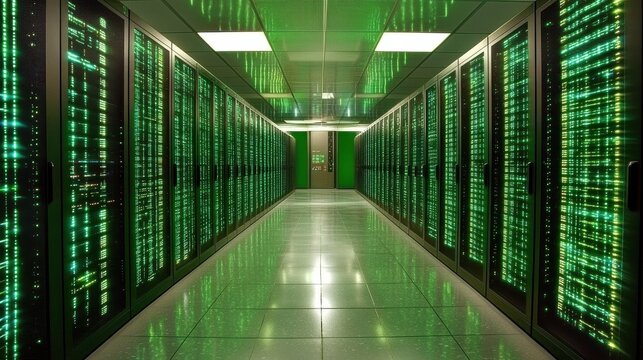 Abstract Matrix Code with Glowing Servers in a Futuristic Environment