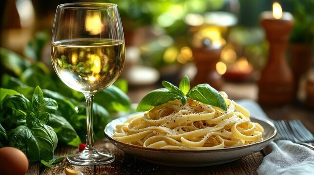 A plate of pasta with a glass of white wine