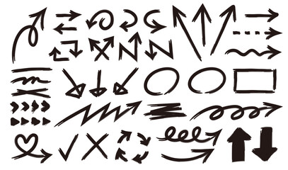 手描きの矢印のセット。グランジ、落書き、筆風の矢印。ベクターアイコン。色んな種類のカーソル。