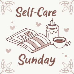 Cozy self care sunday with book candle and coffee vector