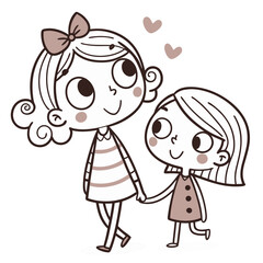 Two happy sisters walking together girls friendship