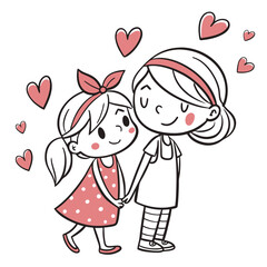Two girls holding hands surrounded by hearts sisters