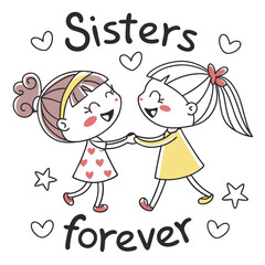 Happy sisters holding hands with hearts and stars friendship