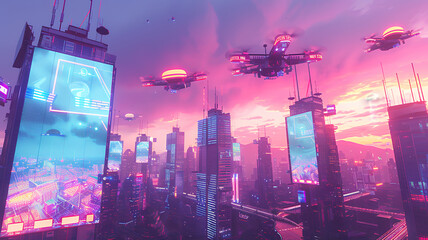 Futuristic Cityscape with Neon Billboards and Drones