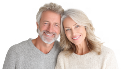 A joyful elderly couple smiling together in a bright. minimalistic indoor setting. showcasing love and companionship. perfect for family-oriented marketing materials or lifestyle articles