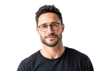 Obraz premium A confident young man with glasses poses against a plain white background. showcasing a relaxed expression and casual attire. ideal for lifestyle or fashion-related content