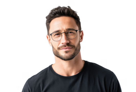 A confident young man with glasses poses against a plain white background. showcasing a relaxed expression and casual attire. ideal for lifestyle or fashion-related content