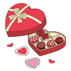 Red heart shaped chocolate box with assorted chocolates and decorative hearts