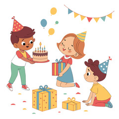 Children celebrating birthday with cake and gifts party