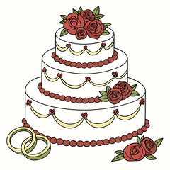 Tiered cake with roses and wedding rings anniversary