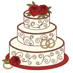 Cream tiered cake with red roses and gold rings wedding