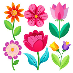 Collection of vibrant stylized flowers in various colors and shapes