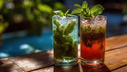 Two refreshing summer drinks with mint. High quality