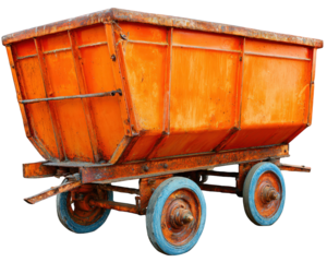 Old mining cart orange metal container industrial equipment isolated on transparency background rustic vintage blue wheels transportation weathered utilitarian