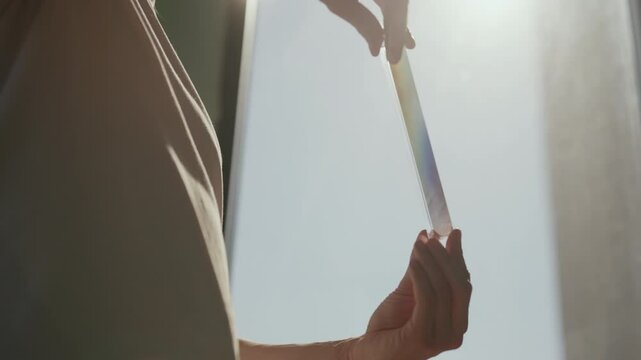 Low-angle view of scientist holding and spinning rectangular glass prism, revealing light refraction and generating colorful rainbow spectrum, close-up. Concept physics principles of refraction.