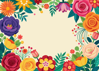 Vibrant floral border with colorful flowers and green leaves on a cream background