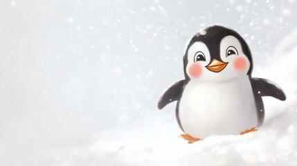 Fototapeta premium An adorable cartoon penguin is smiling in a snowy landscape