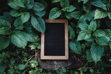 A woodframed black blank board is surrounded by green plants
