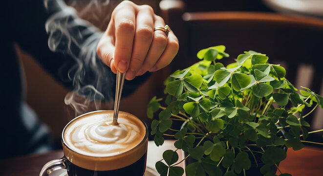 Person stirring a steaming cup of coffee with cream in a cafe with a green plant nearby for a cozy morning.